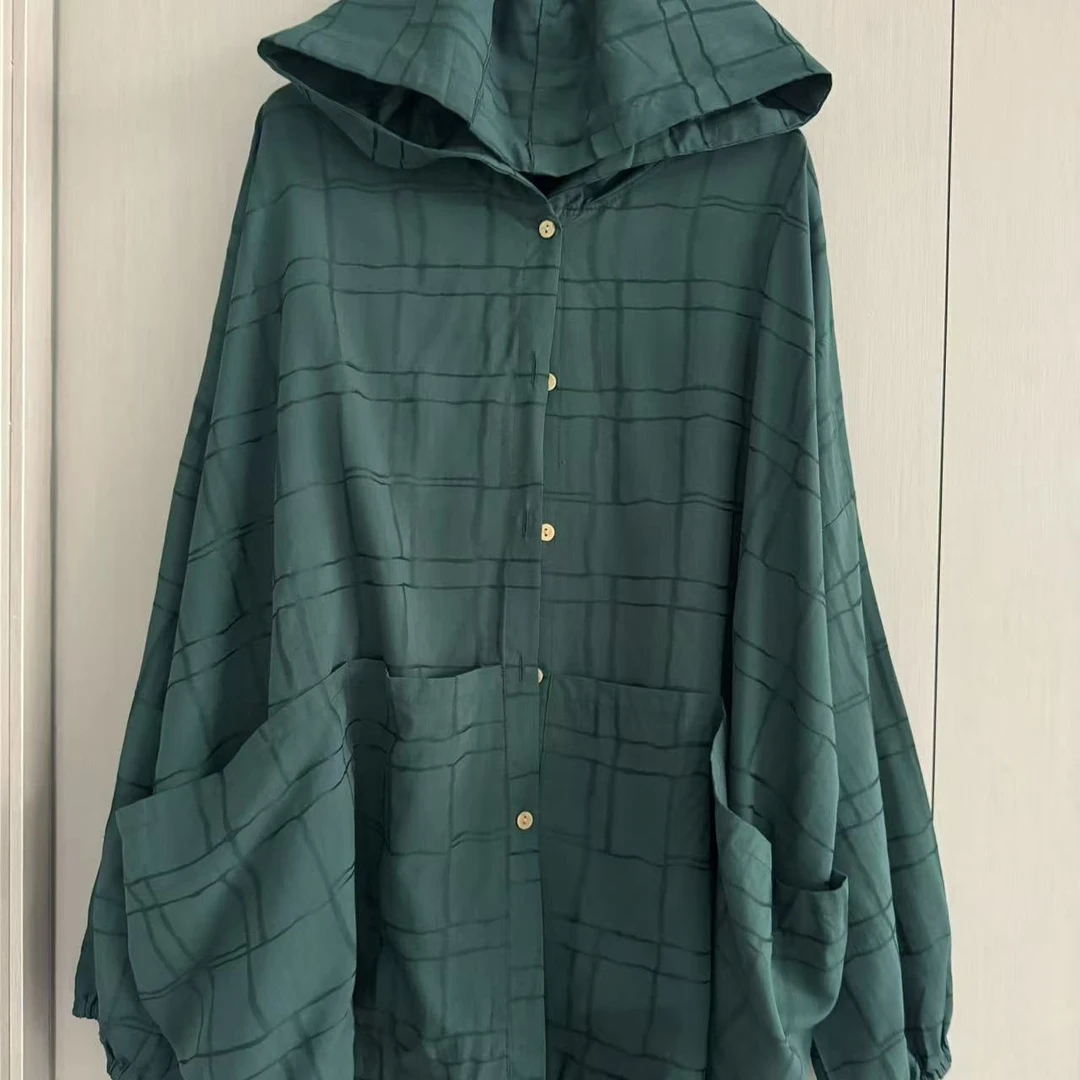 【沐木流浪记】绿色格子连帽四兜外套Z