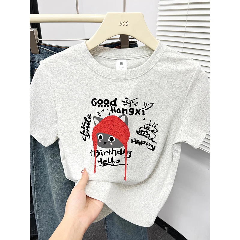 帽子猫咪印花短袖t恤女夏新款韩版圆领小衫洋气百搭显瘦正肩上衣