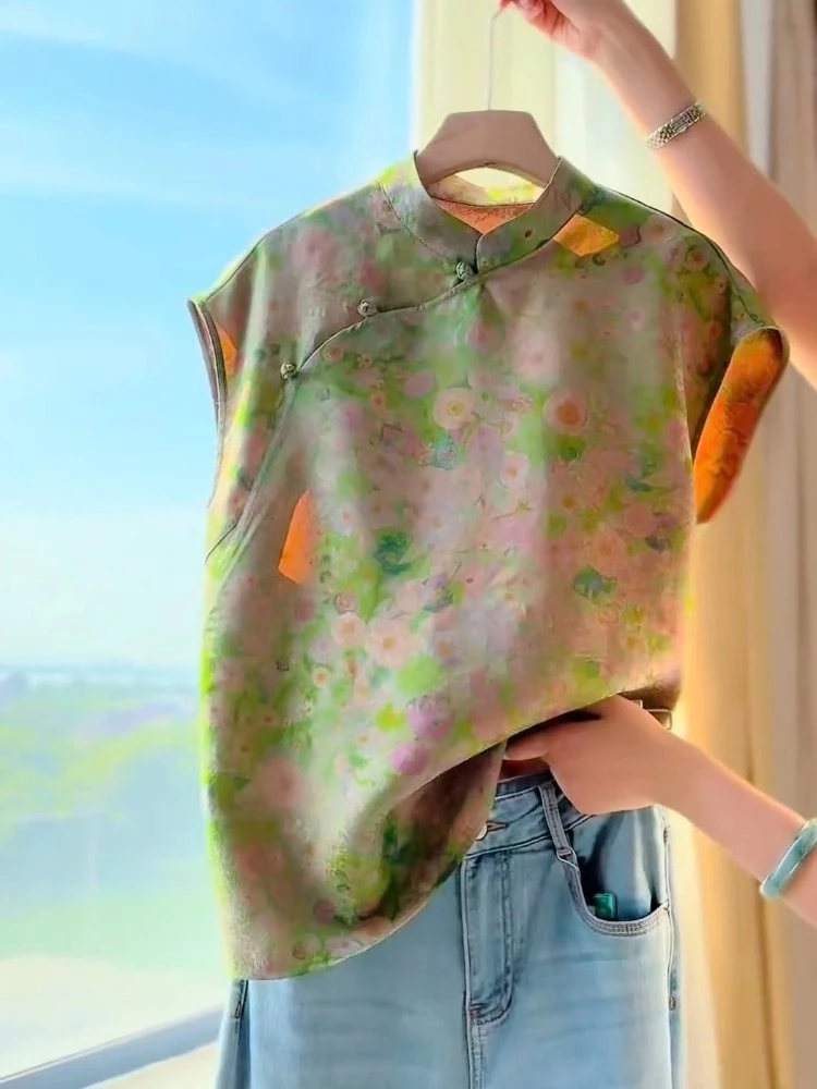 【635TL】新中式国风绿色印花斜襟夏季女士衬衫洋气复古禅意上衣