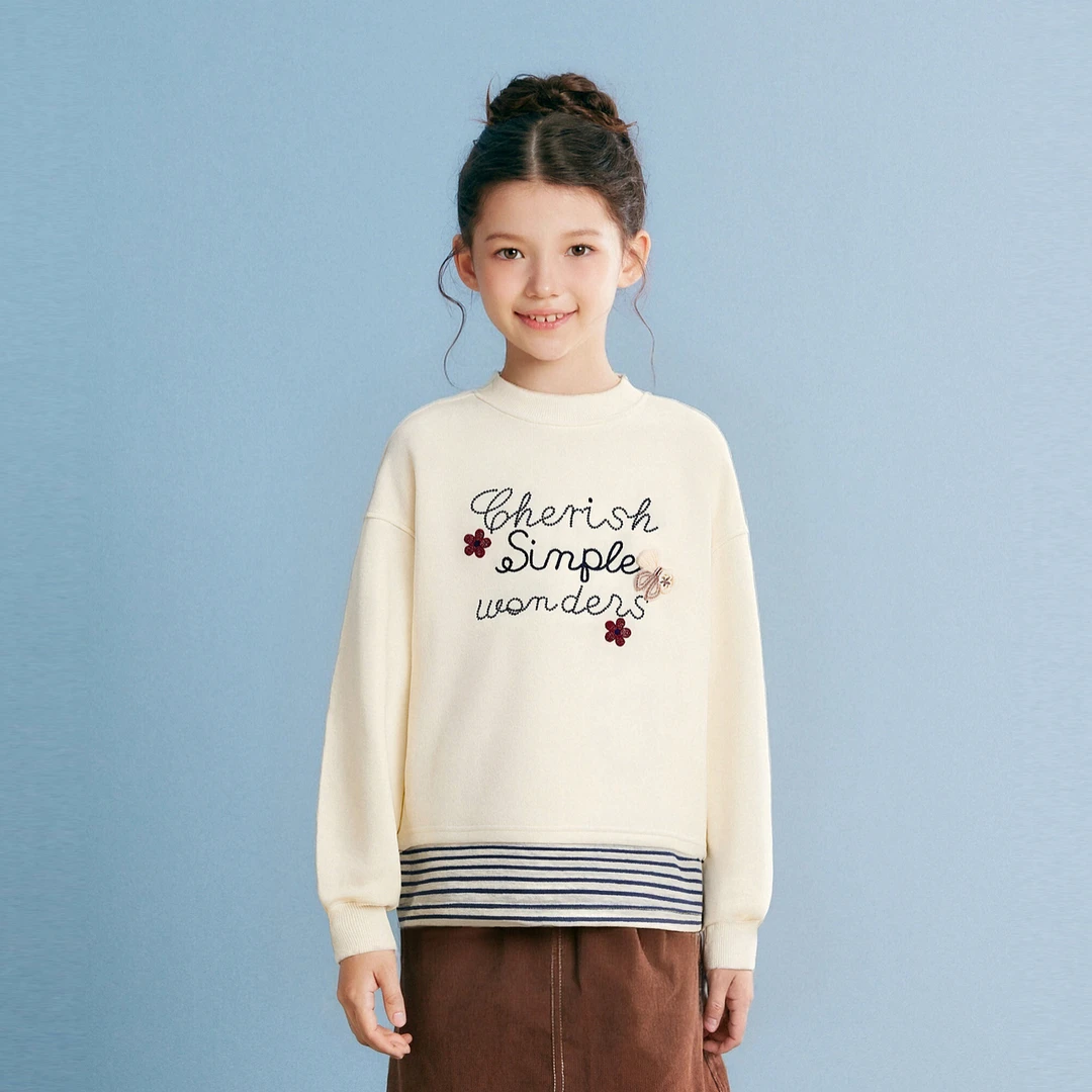 笛莎女童卫衣秋冬新款儿童中大童圆领加绒上衣休闲长袖-7M2552211