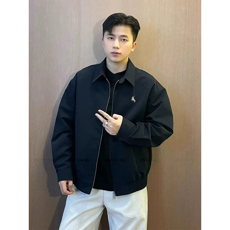 美式复古底特律工装夹克藏青色痞帅廓形正肩外套男秋季翻领棒球服