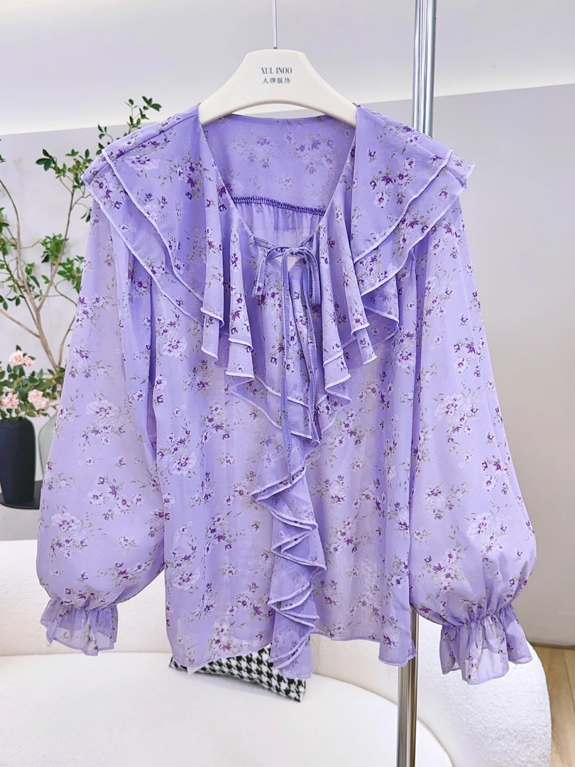 琳心丨早秋新款紫色碎花荷叶边翻领系带宽松长袖衬衫 AL0648