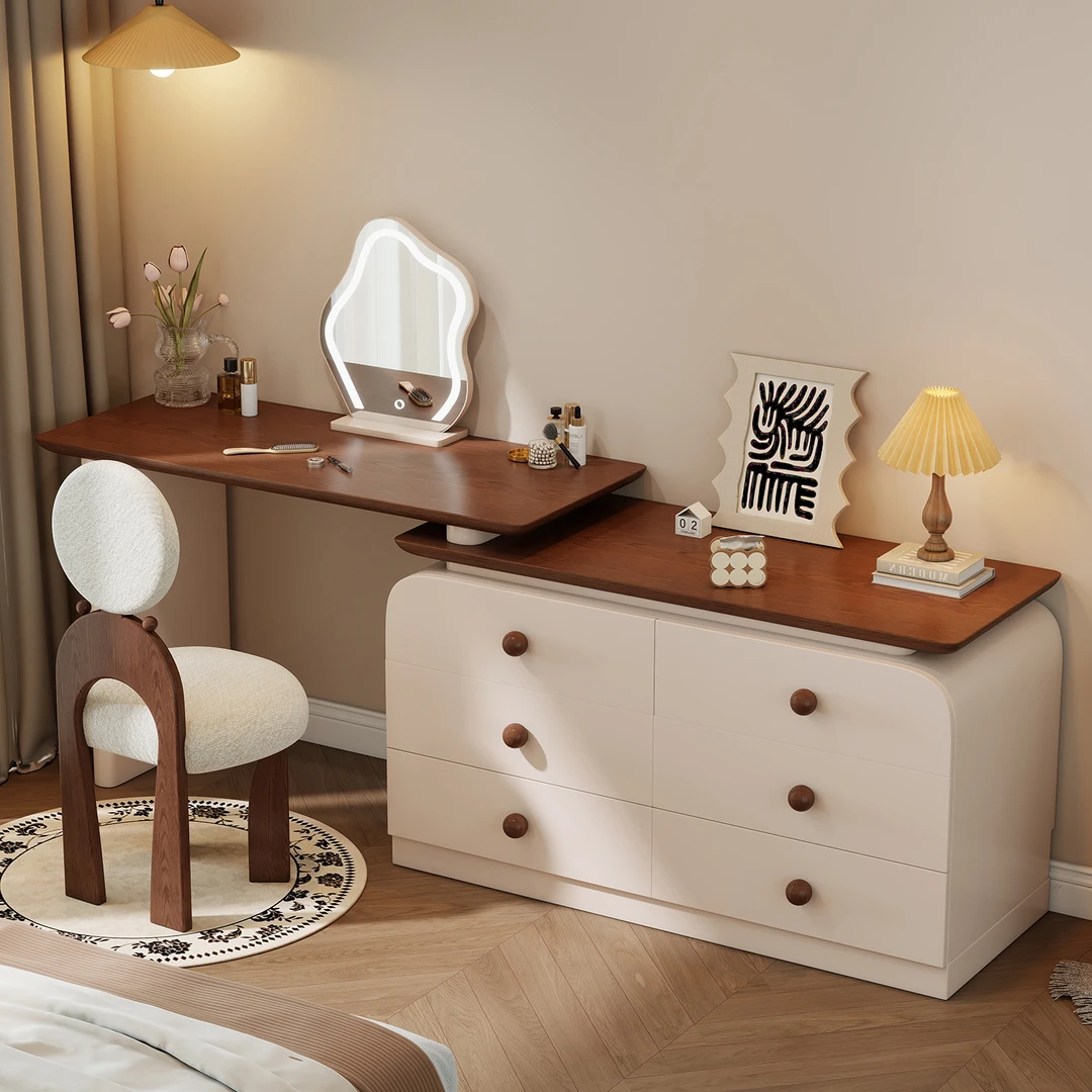 希静中古风梳妆台斗柜一体卧室复古奶油烤漆化妆桌床尾转角收纳柜