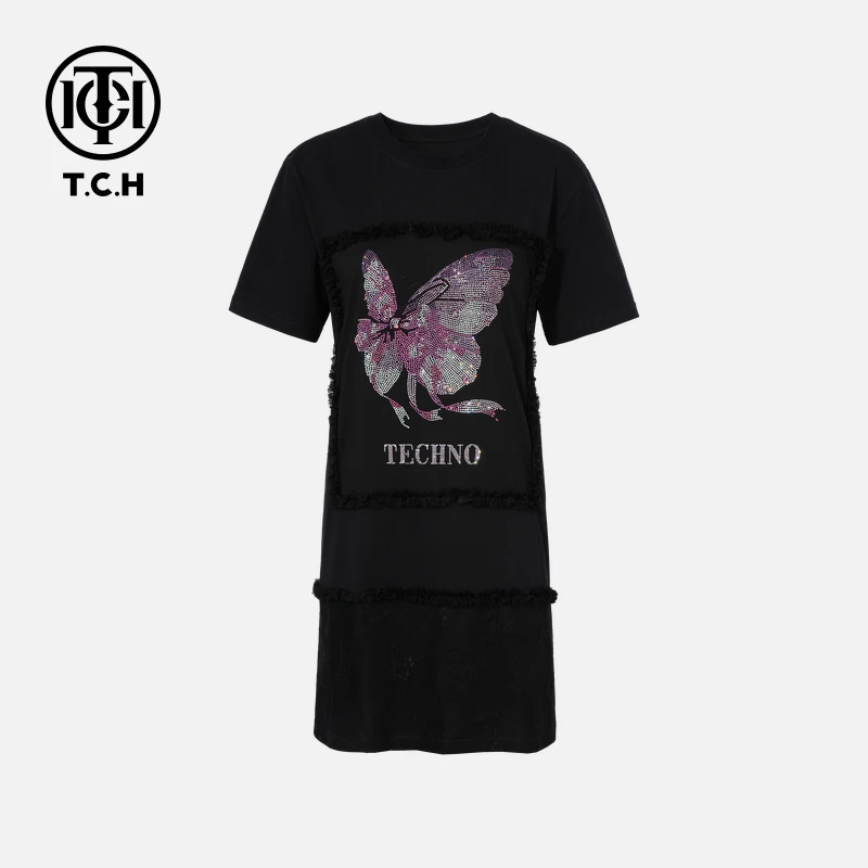 TCH私服烫钻工艺时尚休闲气质蝴蝶结连衣裙女T75B30B1002轻奢tch