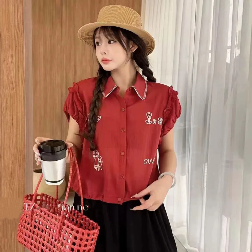 【7728】女#木耳边刺绣翻领无袖衬衫上衣