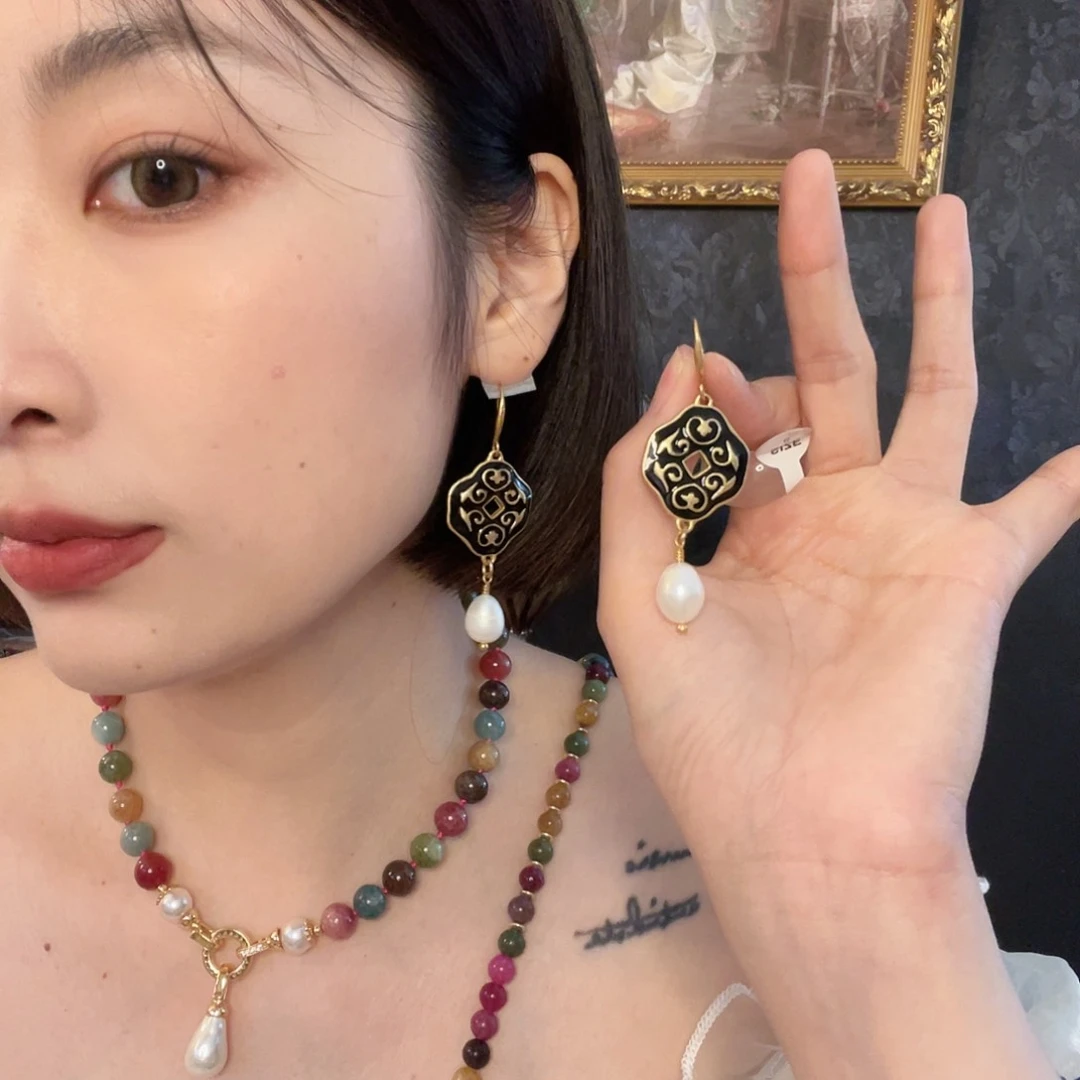 黄铜珐琅925银耳钩