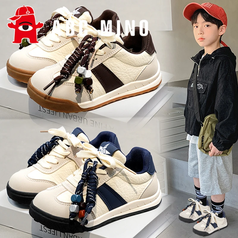 ABC MINO男童鞋秋季儿童运动小白鞋软底防滑男孩皮面休闲德训板鞋