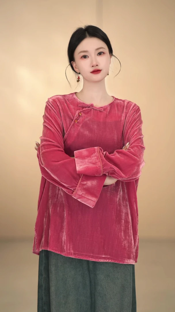 「粉荔」新中式网红百搭时尚气质粉色设计感圆领斜襟汉服衬衫宽松