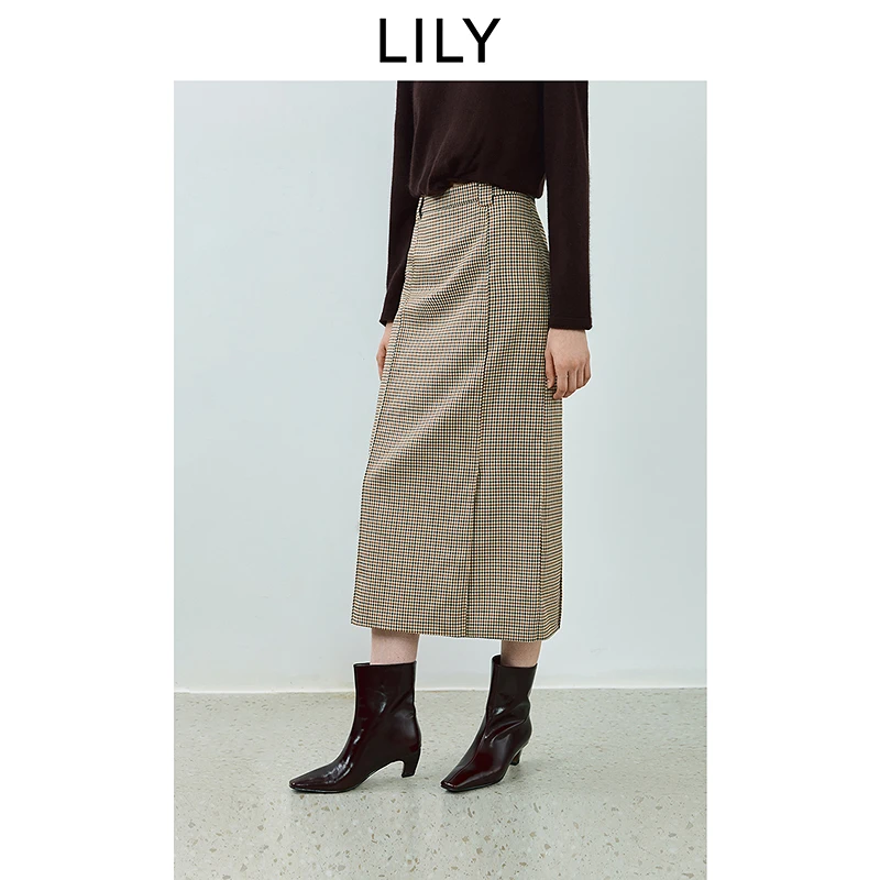 LILY2025秋新款老钱风格纹气质通勤深色直筒半身裙女125349C6926