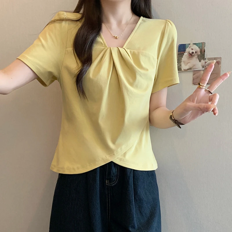 纯欲大码设计感v领正肩短袖t恤女夏季胖mm显瘦别致法式不规则慵懒