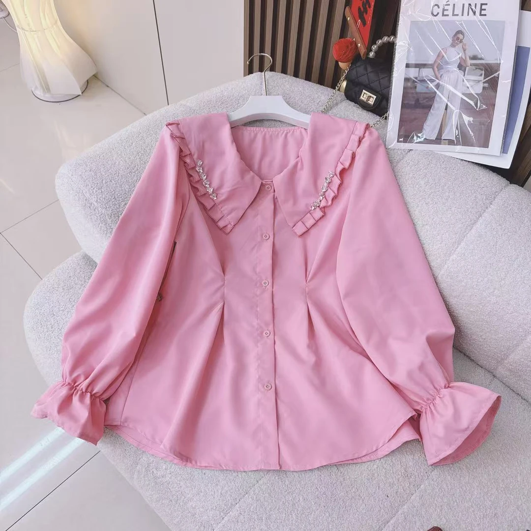法式可爱娃娃领衬衫女2025春新款减龄收腰显瘦设计感长袖衬衣上衣