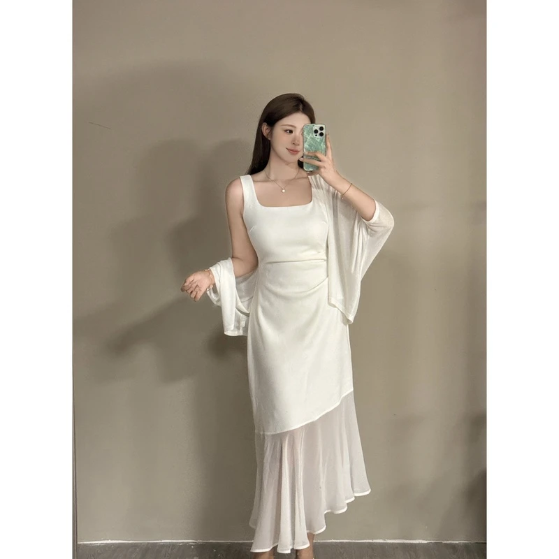 现货 白七七微胖二店【浪漫分割】拼接鱼尾修身吊带连衣裙 L1125