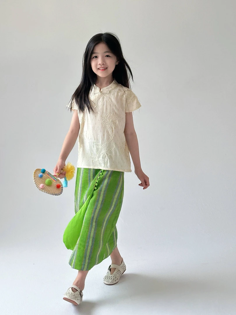 『青梅』小众设计师100%苎麻色织条纹不规则半裙