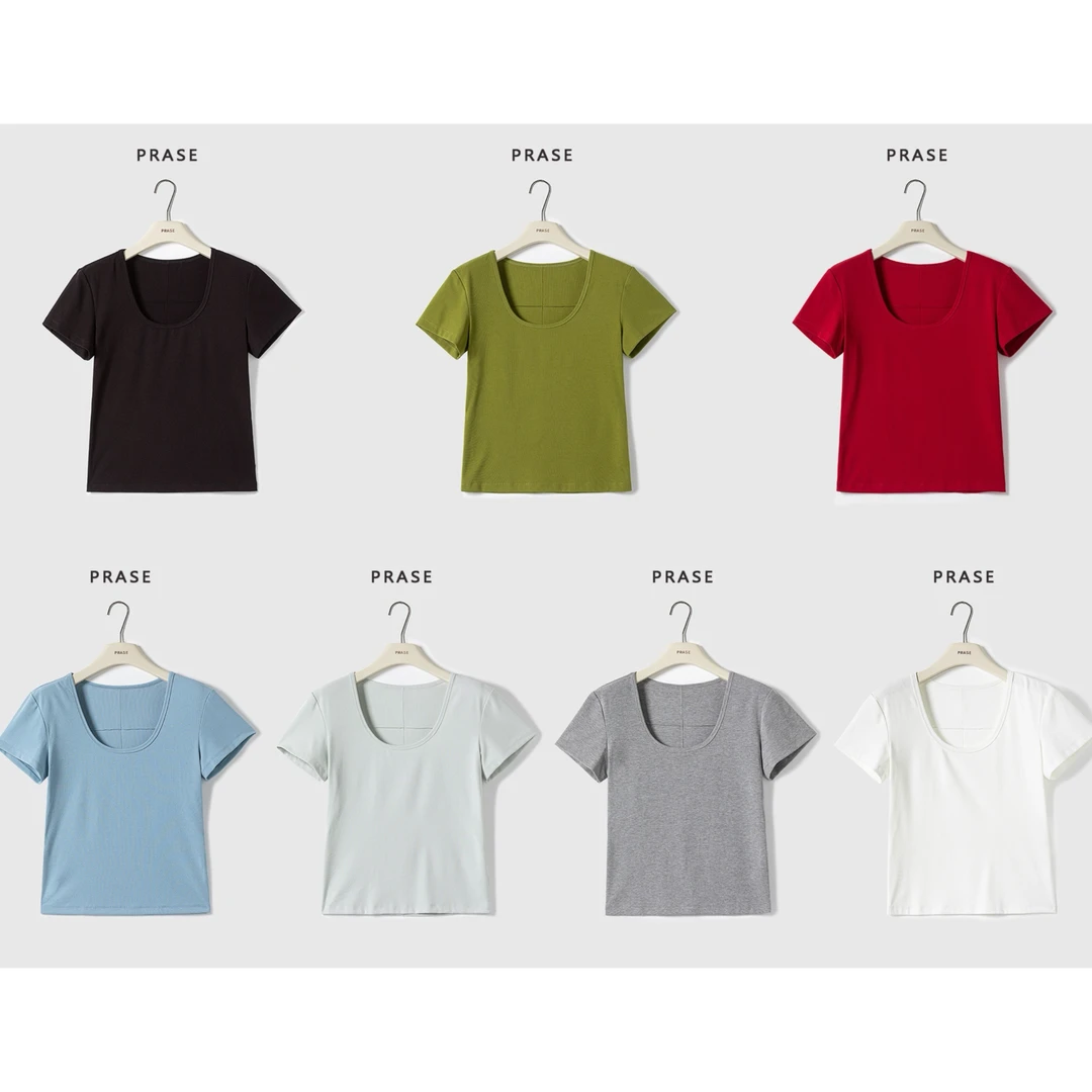 PRASE·杨杨【奶皮T】微胖轻奢设计款夏女百搭时尚U领T恤PR506E02