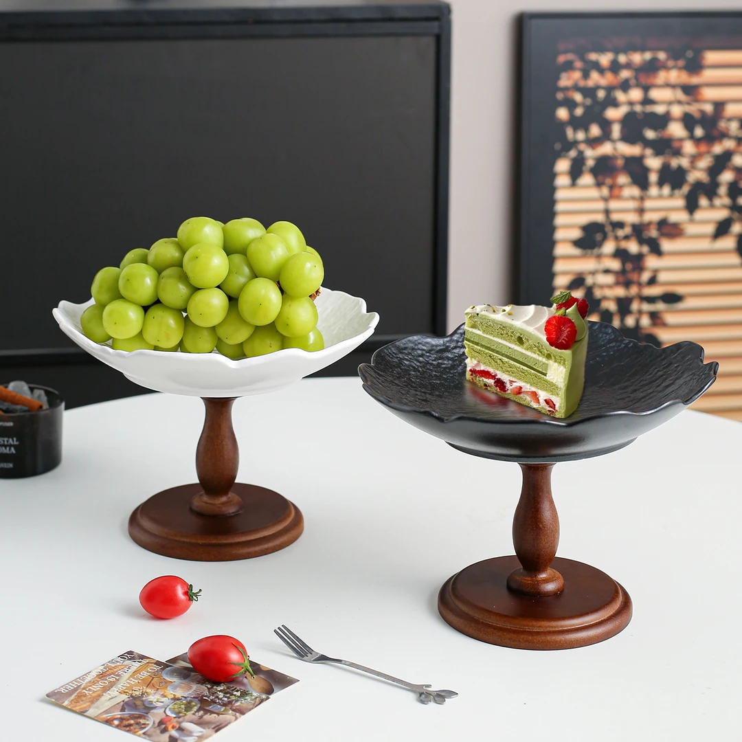 纯色黑白陶瓷家用高脚果盘不规则花边个性创意新款水果点心盘子