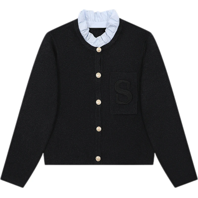 45小香风气质牛仔女装2024秋冬木耳边立领字母针织开衫女毛衣