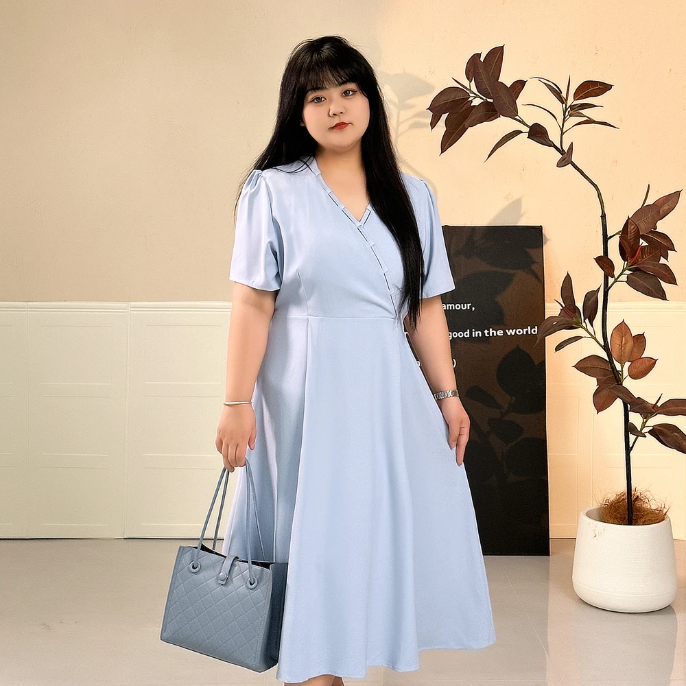 大码女装240斤胖MM时尚通勤风日常休闲气质款V领收腰连衣裙k2785