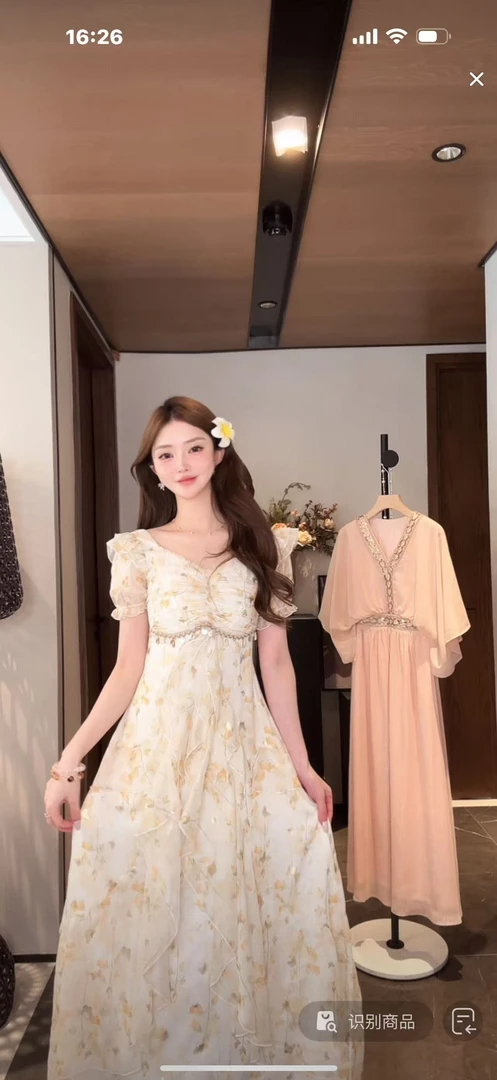 馨儿自制【摇曳身姿】印花V领短袖过膝长裙ZX40956