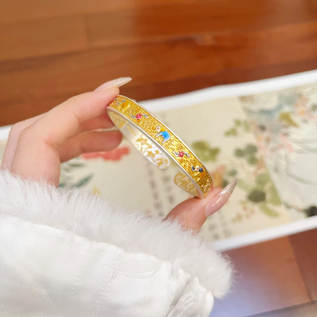 足银手镯 【艾丽芬】描金小象珐琅开口足银999.9手镯