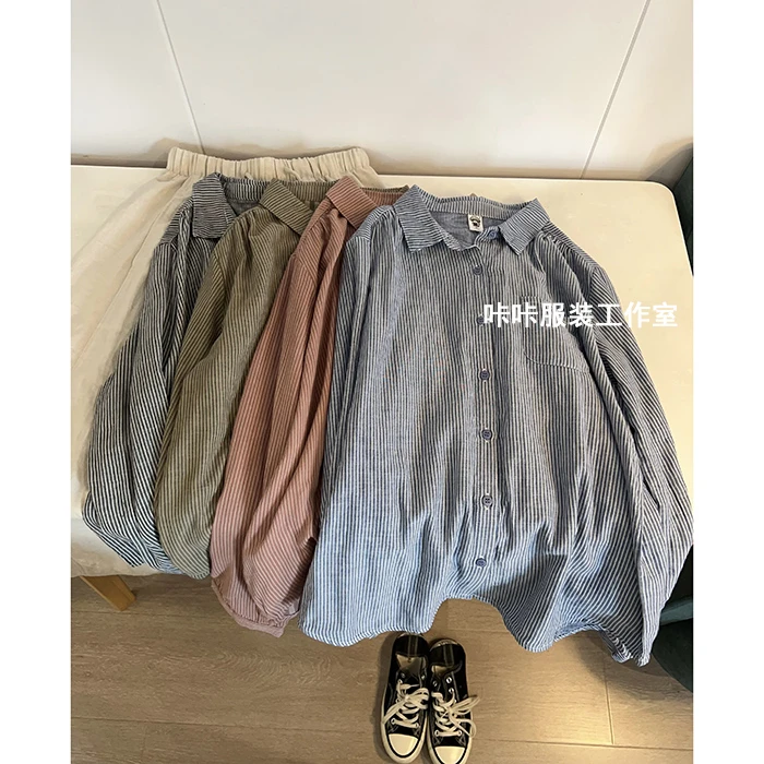 REKAYYAT”窗边“100%棉简约洋气减龄竖条纹口袋长袖翻领衬衫女上衣