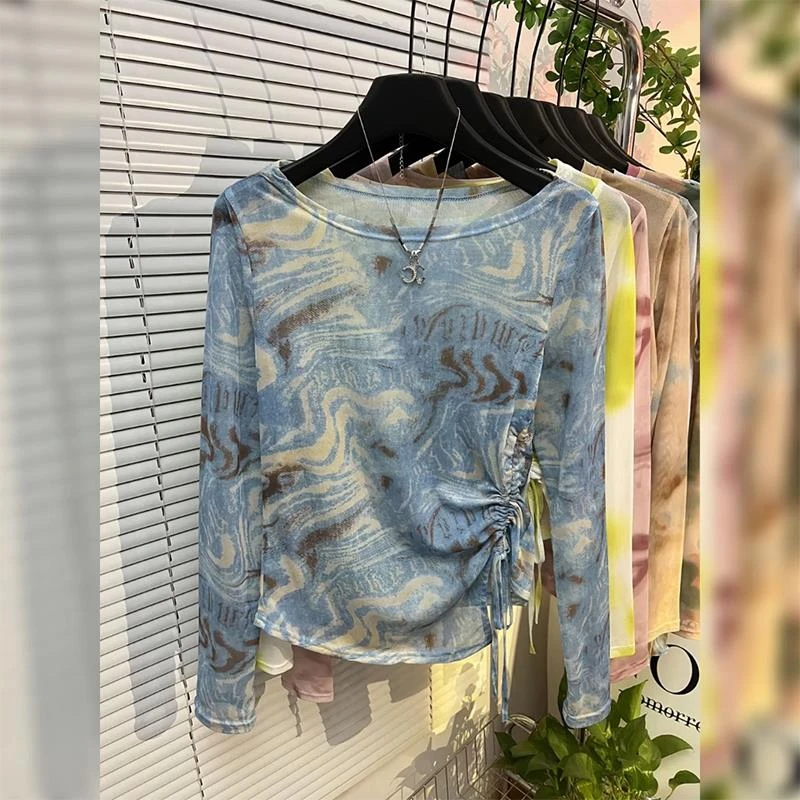 杭州四季青高端爆款~法式网纱扎染薄款晕染长袖t恤女防晒衫上衣潮