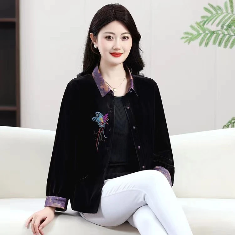 中式金丝绒2025上衣妈妈开衫春中式刺绣衬衫新款上衣气质国风上衣