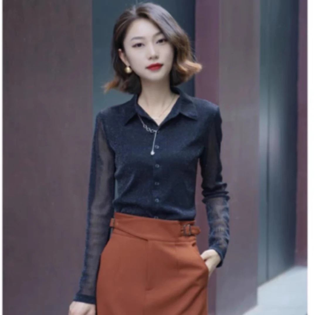 春装新款百搭网纱长袖衬衫衣女上衣1300782（偏小一码）