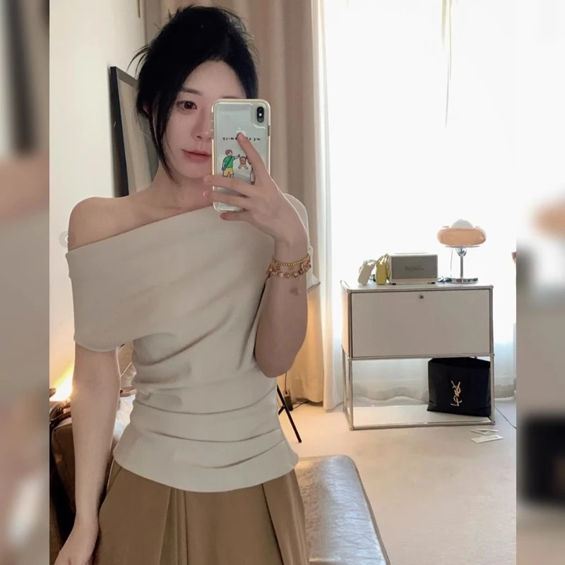 不规则法式米色一字肩短袖t恤女夏季斜肩露肩绝美设计感气质上衣