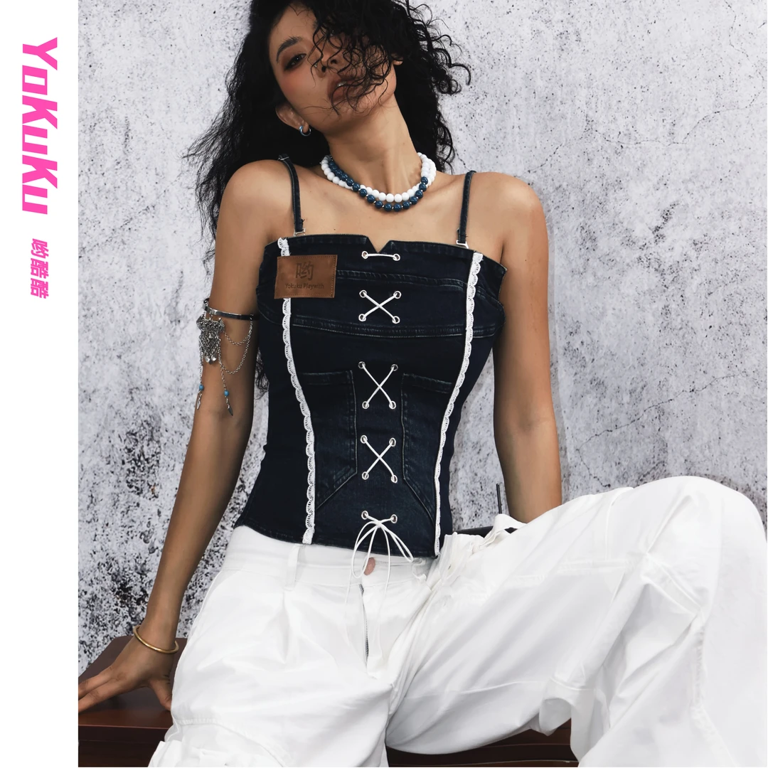 哟酷酷（万里星光）牛仔吊带法式鱼骨曲线修身显瘦可调节抹胸上衣