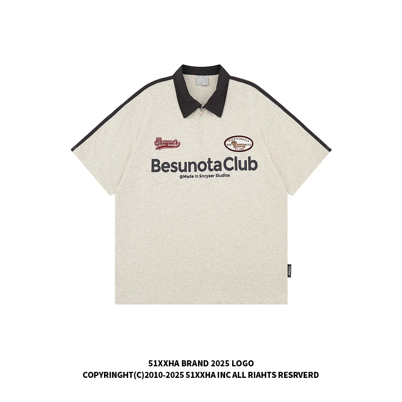 51嘻哈学院风字母印花半拉链短袖POLO衫美式复古重磅翻领T恤男潮