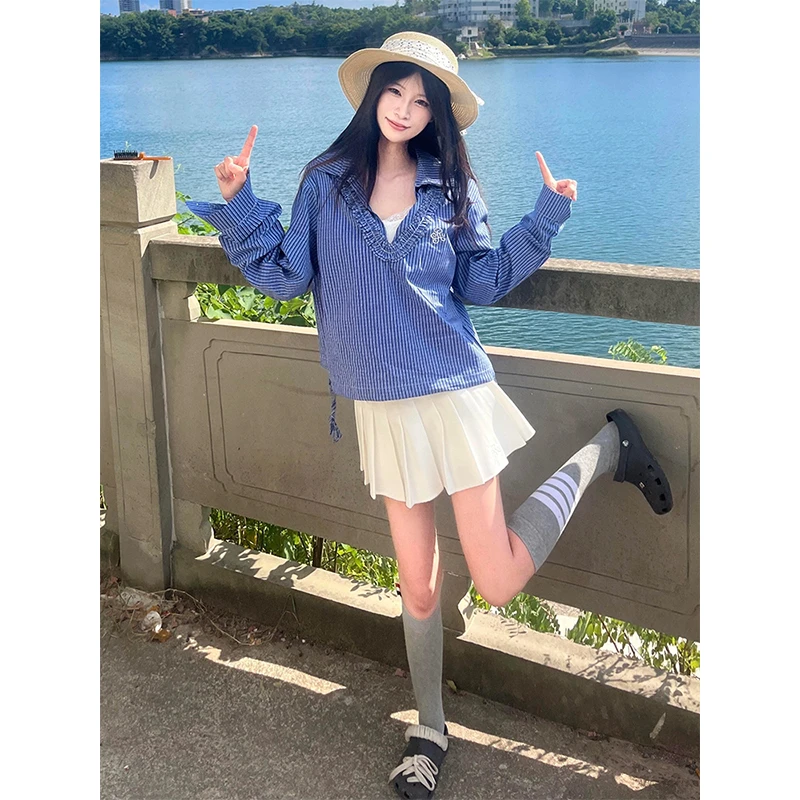 韩系复古宽松慵懒条纹上衣搭配白色百褶半身短裙早秋新款两件套装