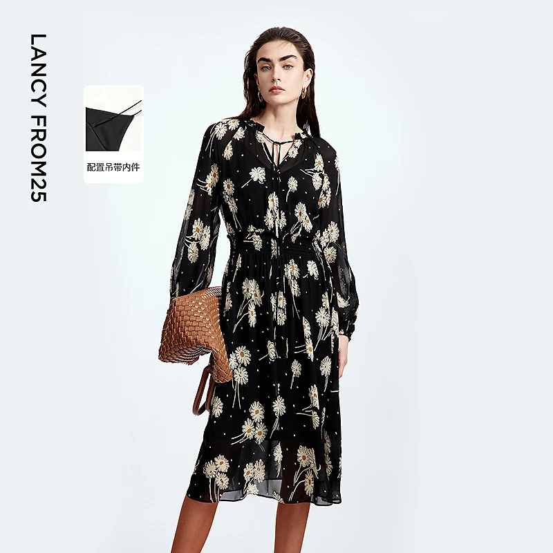 朗姿碎花a字收腰连衣裙复古风高级感气质印花长裙2025年秋季新款