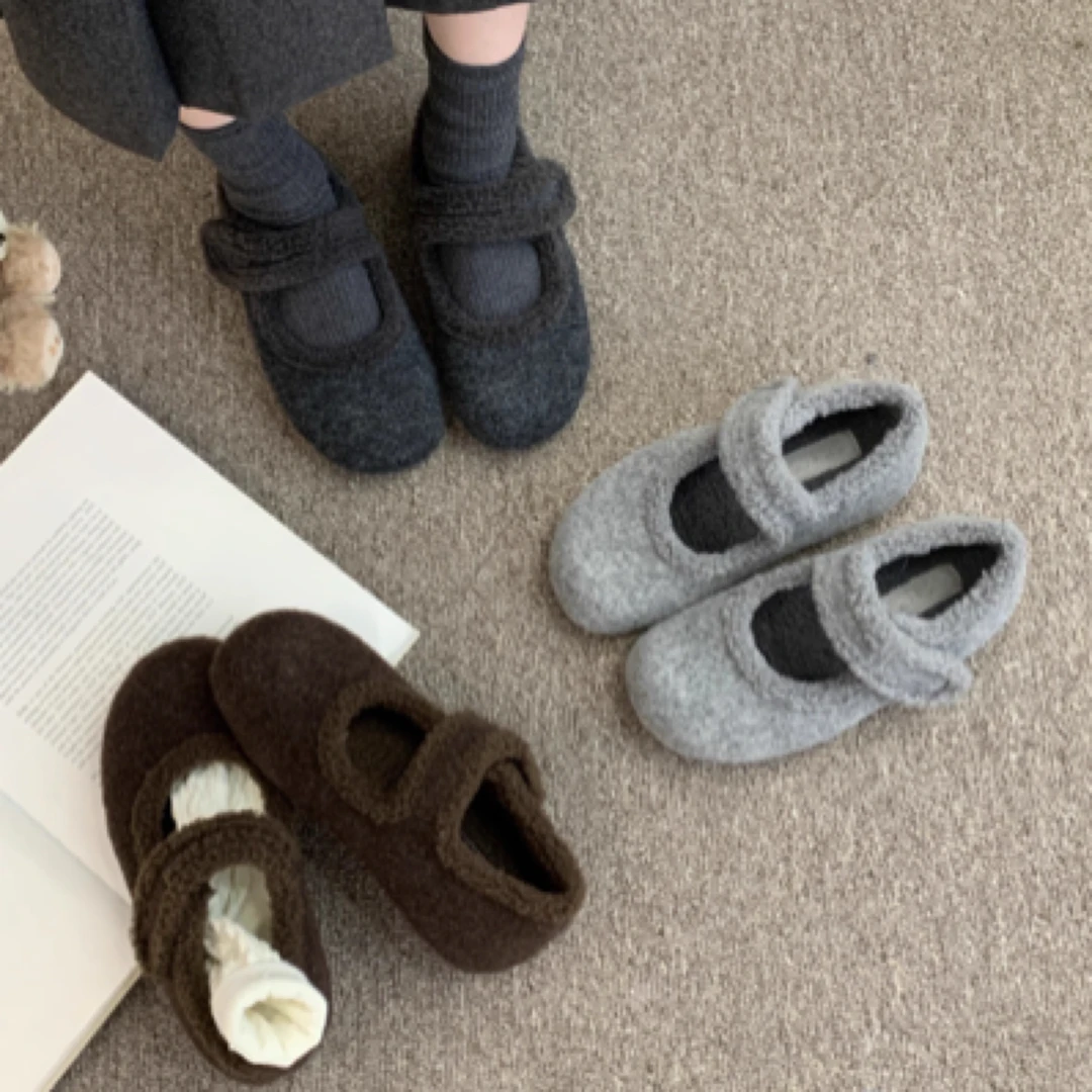 内增高厚底勃肯鞋女加绒灰色玛丽珍毛毛鞋女冬外穿呢子棉鞋子毛绒