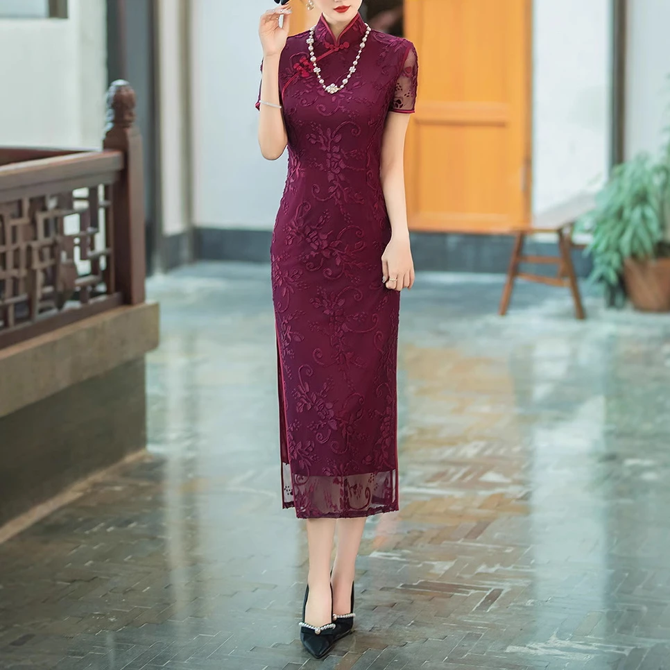 时尚长款旗袍改良2025春夏新款旗袍短袖植绒修身复古中国风旗袍裙