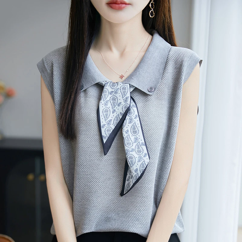 时尚又洋气~气质翻领丝巾领带无袖针织衫女时尚洋气时髦高级感