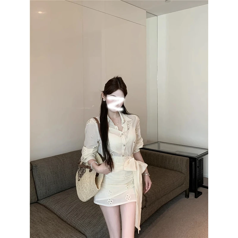 法式气质镂空长袖衬衫上衣女2025春夏新款小众收腰包臀短裙两件套