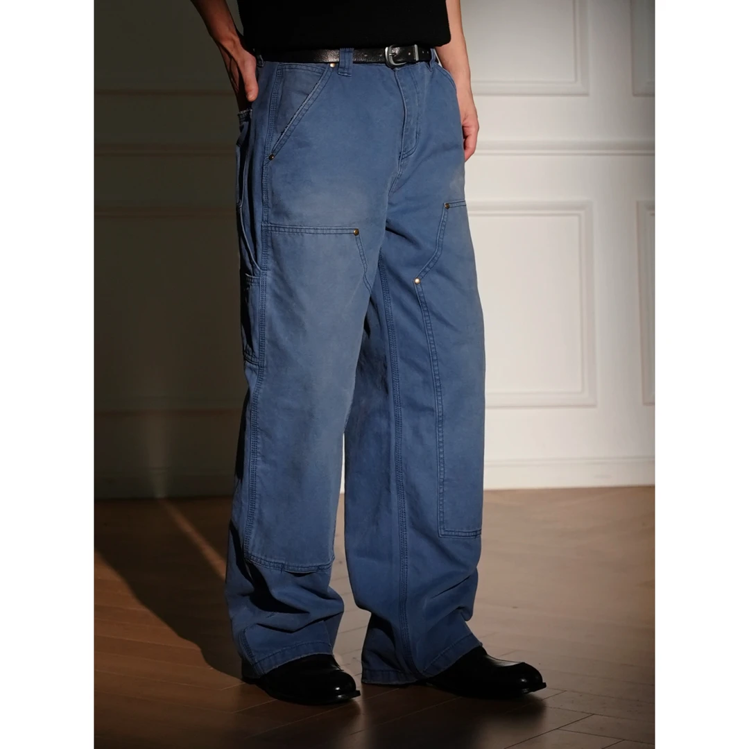 怪兽实验室复古水洗珠帆纯棉布工装伐木裤美式高街设计感直筒长裤