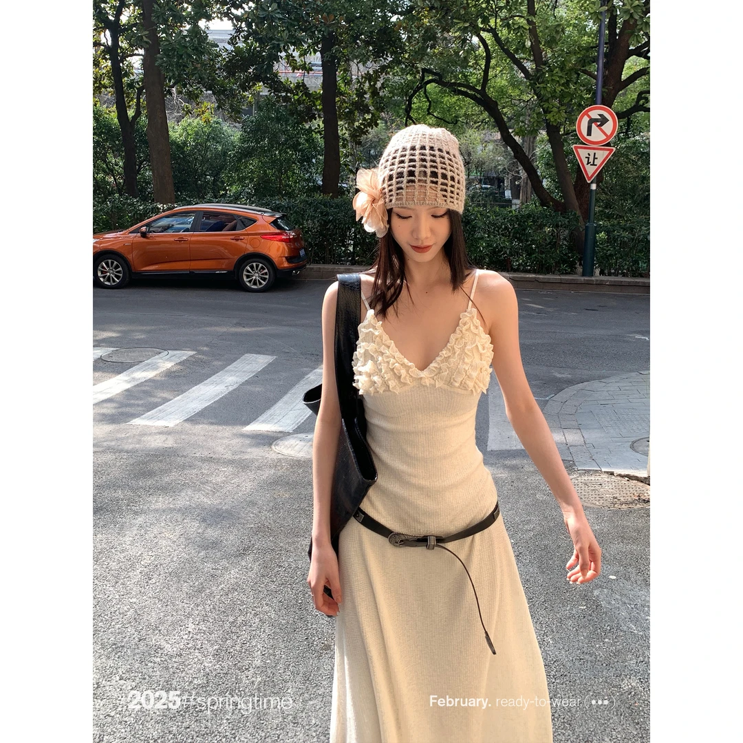 SUNONEONE 花苞气质吊带连衣裙女夏季法式收腰显瘦无袖长裙D0091Q