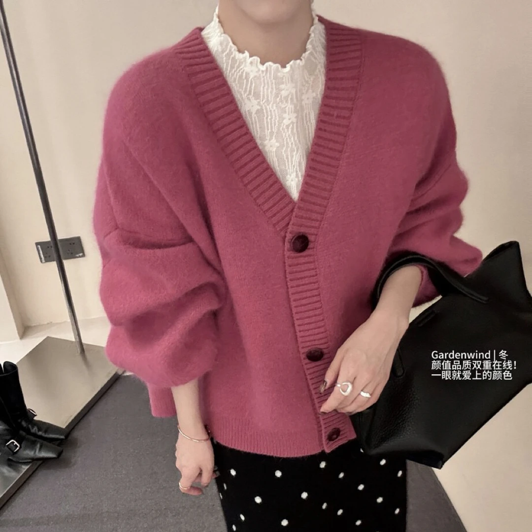 冬季氛围王Ginge冬上新NEW长毛蜜熊丝绒扣v领大外套保暖毛衣