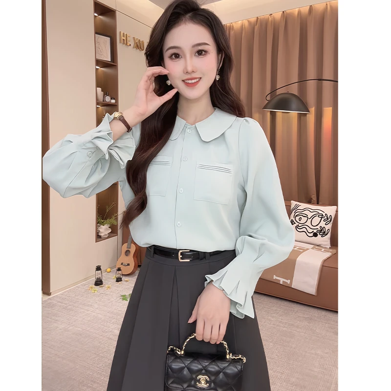 法式复古娃娃领喇叭袖衬衫女2024秋季新款设计感百搭长袖上衣