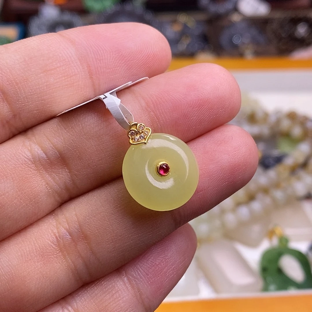 和田玉精品老矿料新疆黄口高冰金镶平安扣吊坠未镶嵌桃**记