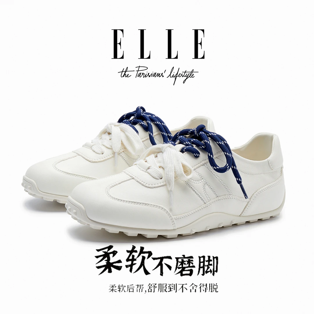 ELLE牛皮芭蕾德训鞋女2025新款配裙子专用小白鞋超火双系带阿甘鞋