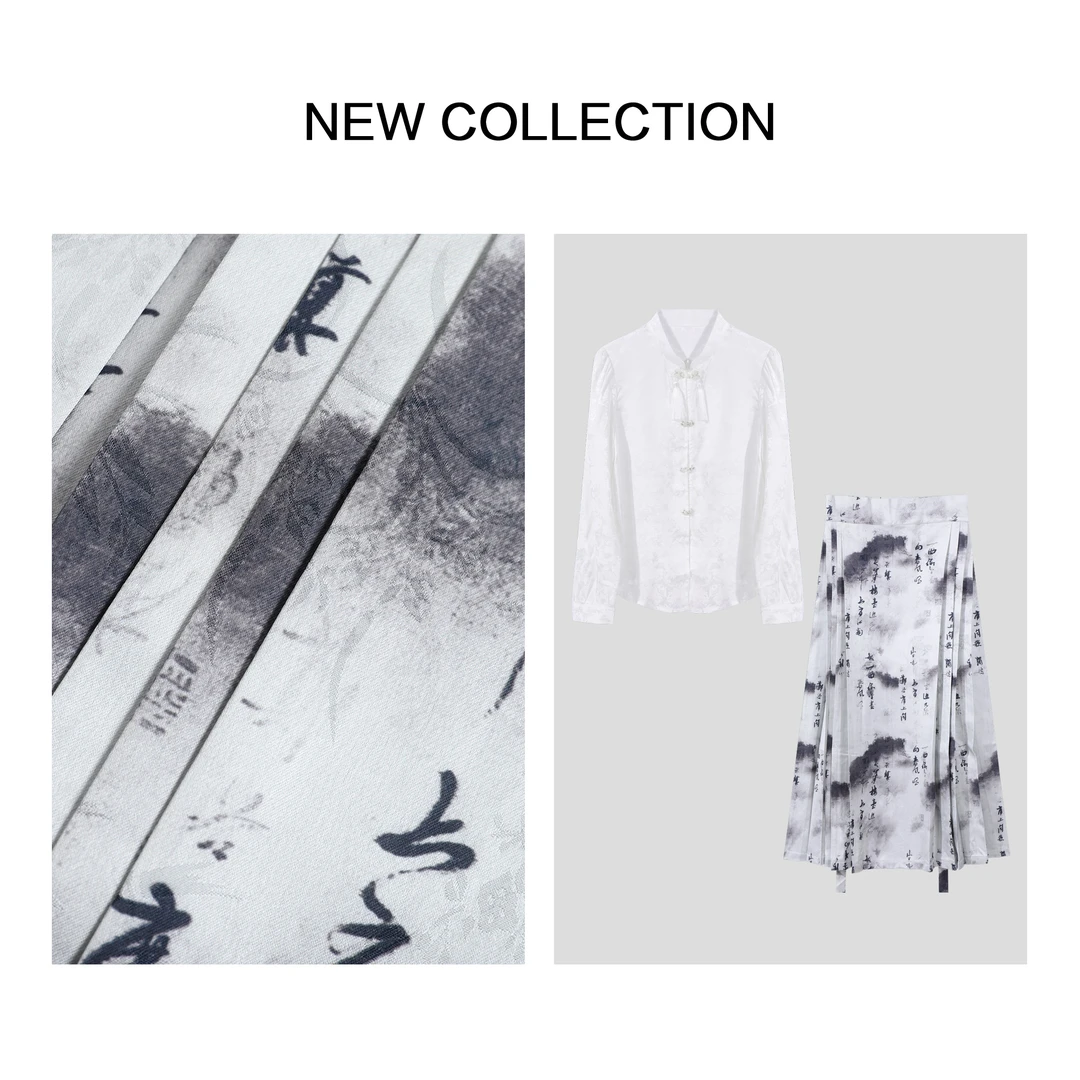 【小依专享】D3F28070中式盘扣白衬衫+水墨印花半裙套装-8070