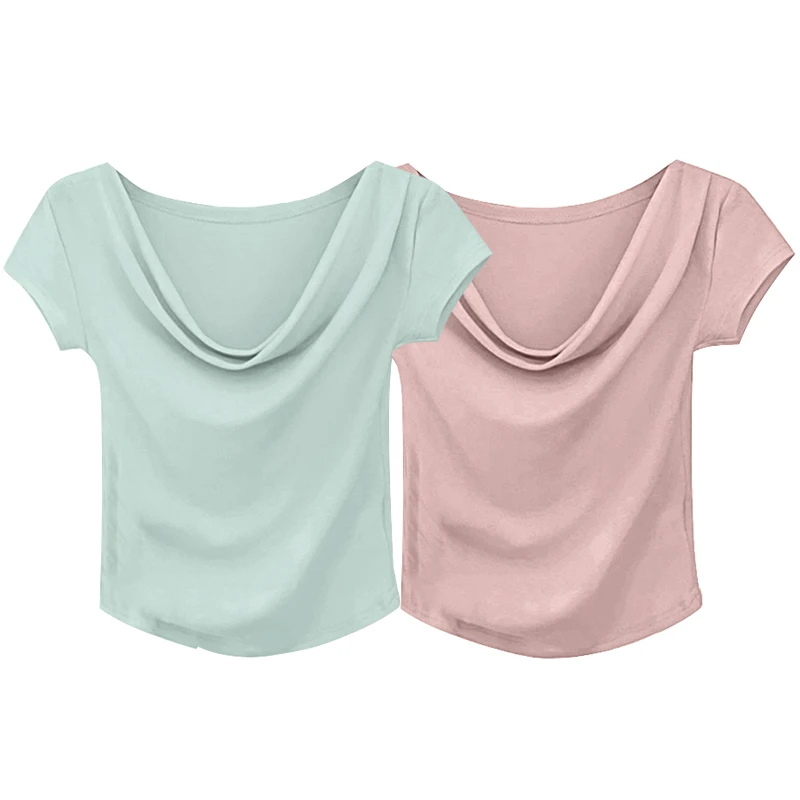 欧货2025春夏款气质纯欲风荡领T恤女斜肩上衣修身韩系纯色短袖T恤