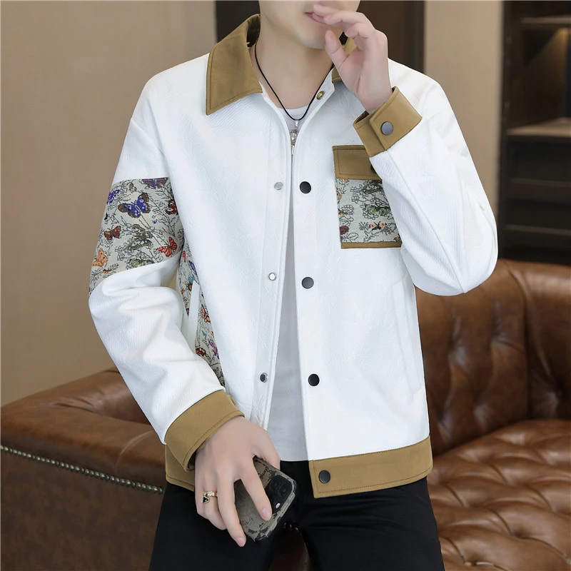 春秋季男士夹克翻领外套时尚休闲潮流帅气拼接春装上衣服修身百搭