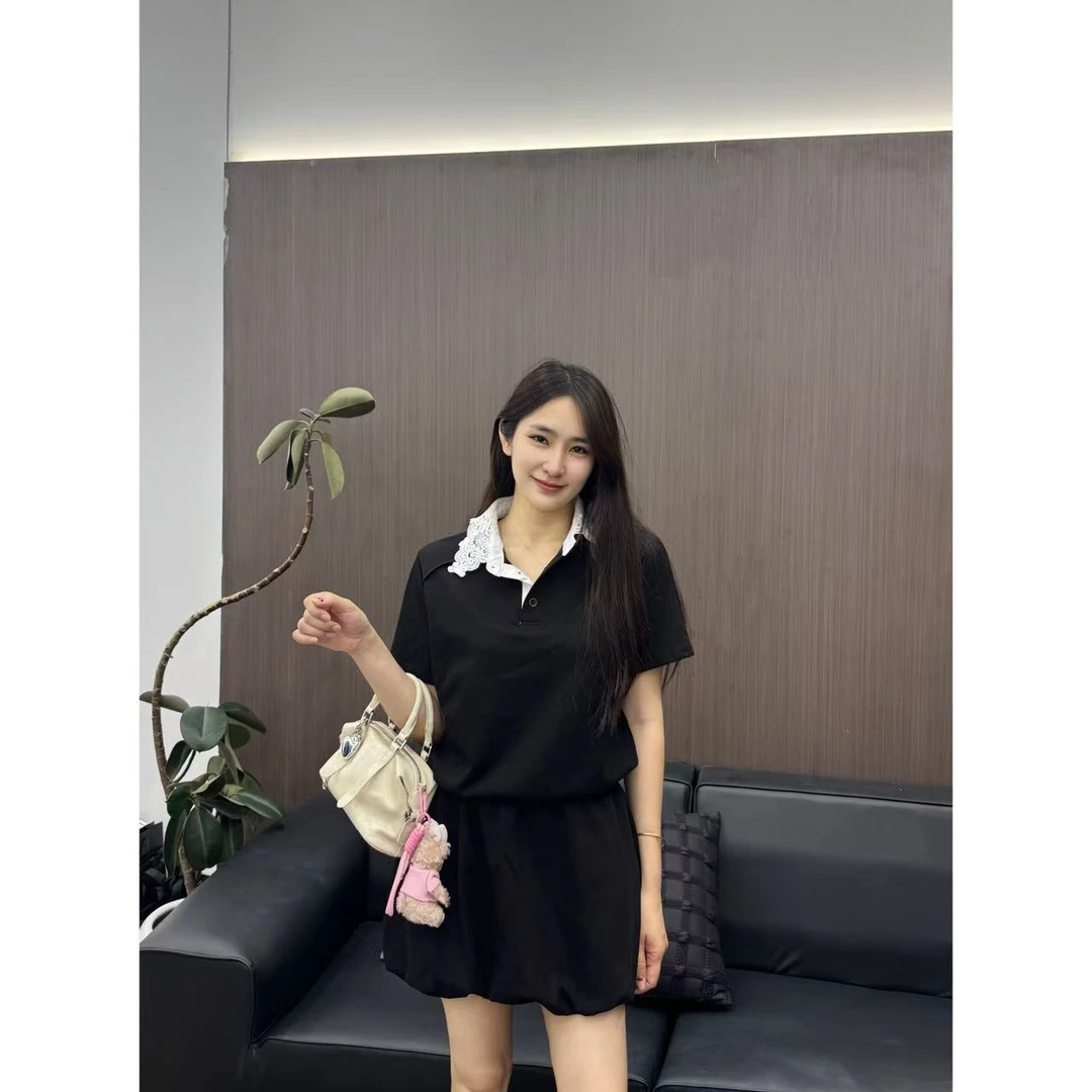 6922正版设计感蕾丝拼接卫衣+高腰显瘦系带半身裙套装