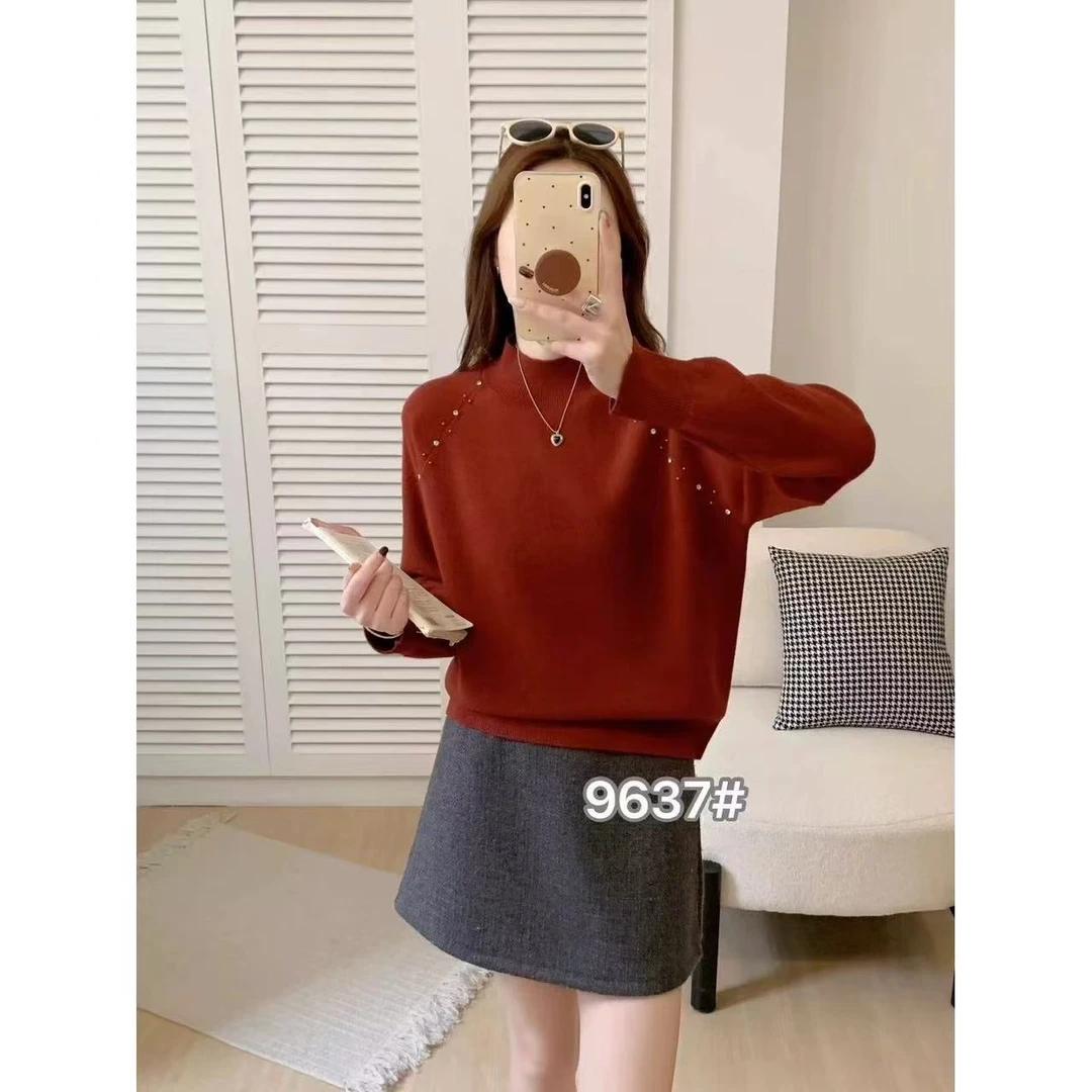 小鑫肝@现货浮力重工插肩袖缝珠小领口休闲百搭毛衣 9637