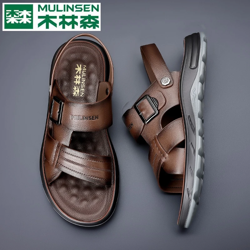 木林森2025新款男士头层牛皮凉鞋夏季透气软底防滑沙滩鞋休闲凉鞋