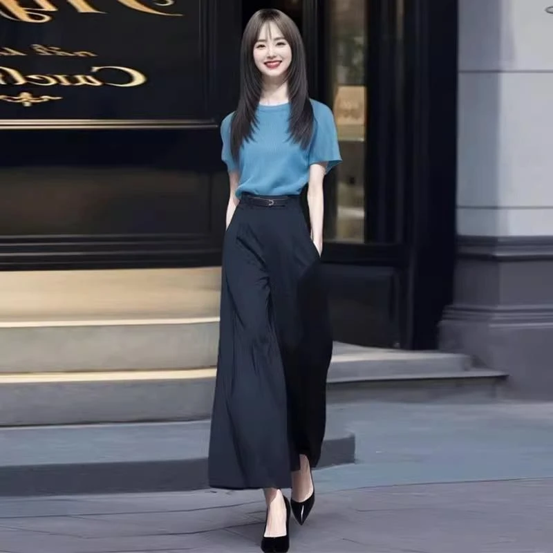 轻奢风时尚套装女夏季新款冰丝短袖T恤+高腰阔腿裤气质显瘦两件套