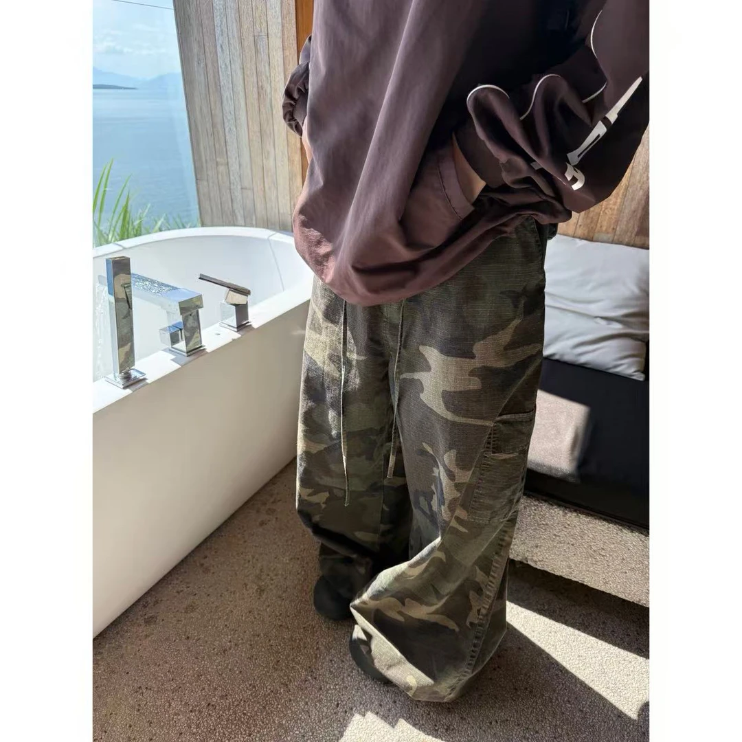 【陈碗饭】迷彩格纹水洗直筒重磅珠帆迷彩裤休闲长裤男女同款145